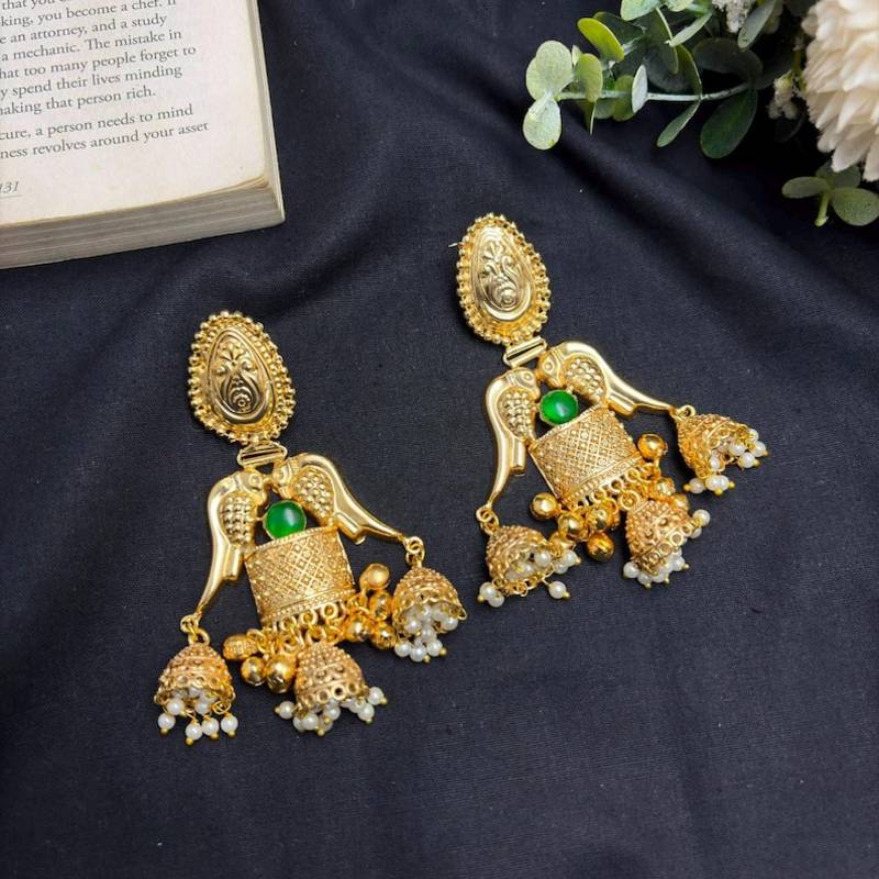 Long Gold Jhumka Earrings, Green Stone Temple Jewelry, Indian Bridal Earrings