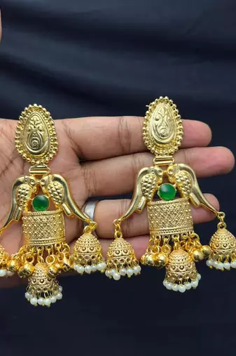 Long Gold Jhumka Earrings, Green Stone Temple Jewelry, Indian Bridal Earrings