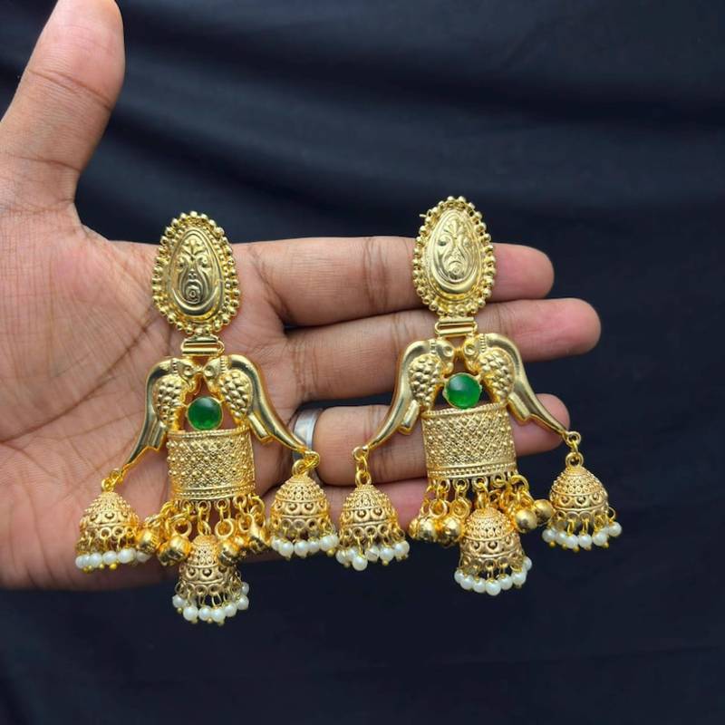 Long Gold Jhumka Earrings, Green Stone Temple Jewelry, Indian Bridal Earrings