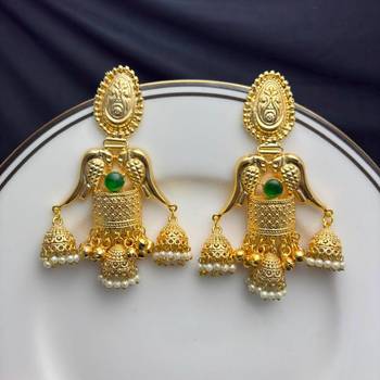 Long Gold Jhumka Earrings, Green Stone Temple Jewelry, Indian Bridal Earrings 4