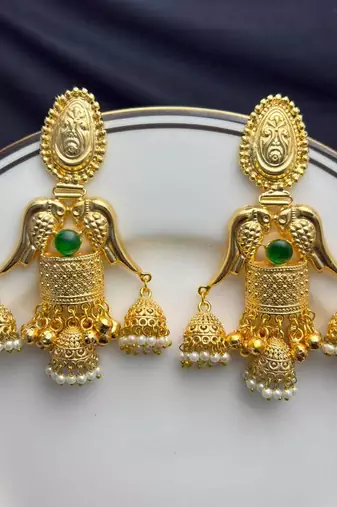 Long Gold Jhumka Earrings, Green Stone Temple Jewelry, Indian Bridal Earrings