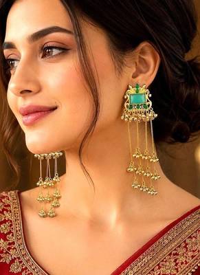 Kashmiri Fusion earrings- Long green Indian drop earrings with gold-tone detailing and multiple dangling chains 1