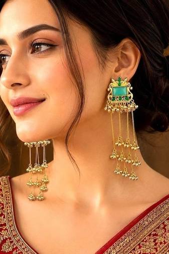 Kashmiri Fusion earrings- Long green Indian drop earrings with gold-tone detailing and multiple dangling chains