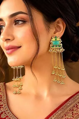 Kashmiri Fusion earrings- Long green Indian drop earrings with gold-tone detailing and multiple dangling chains