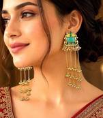 Kashmiri Fusion earrings- Long green Indian drop earrings with gold-tone detailing and multiple dangling chains