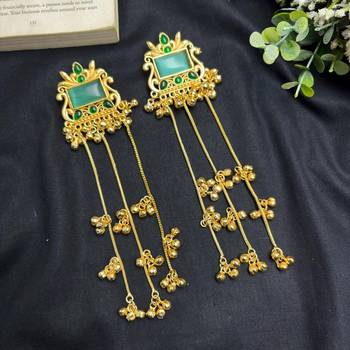 Kashmiri Fusion earrings- Long green Indian drop earrings with gold-tone detailing and multiple dangling chains 2