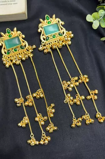 Kashmiri Fusion earrings- Long green Indian drop earrings with gold-tone detailing and multiple dangling chains