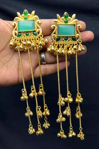 Kashmiri Fusion earrings- Long green Indian drop earrings with gold-tone detailing and multiple dangling chains