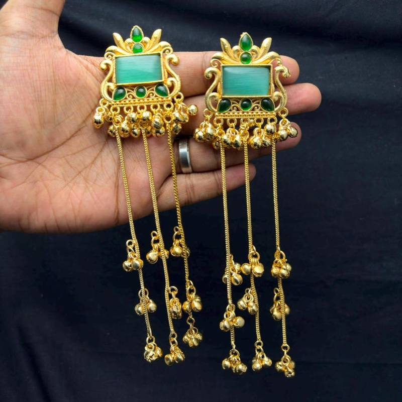 Kashmiri Fusion earrings- Long green Indian drop earrings with gold-tone detailing and multiple dangling chains