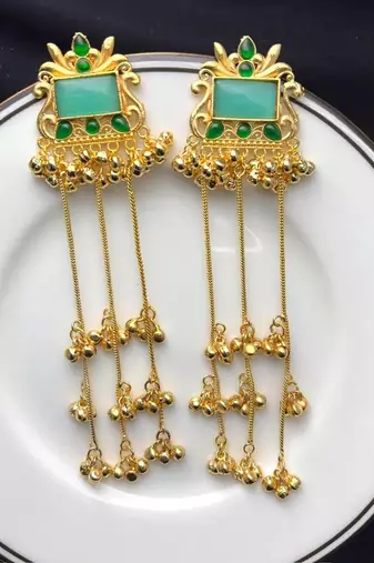 Kashmiri Fusion earrings- Long green Indian drop earrings with gold-tone detailing and multiple dangling chains