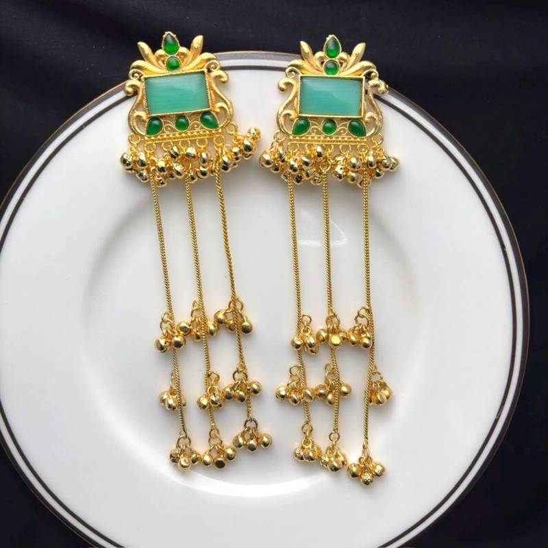 Kashmiri Fusion earrings- Long green Indian drop earrings with gold-tone detailing and multiple dangling chains