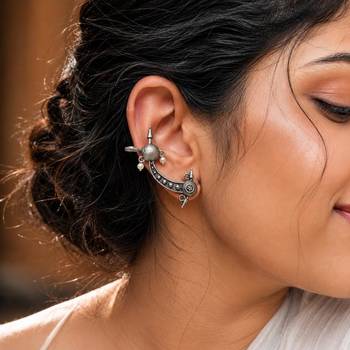 Oxidized Brass Ear Cuff Earrings, Indian Tribal Ear Climbers, Crescent Moon Ear Cuff Jewelry 1