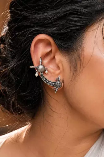 Oxidized Brass Ear Cuff Earrings, Indian Tribal Ear Climbers, Crescent Moon Ear Cuff Jewelry