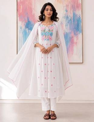  White Anarkali Suit with Floral Embroidery & Dupatta | Premium Ethnic Wear for Women 1