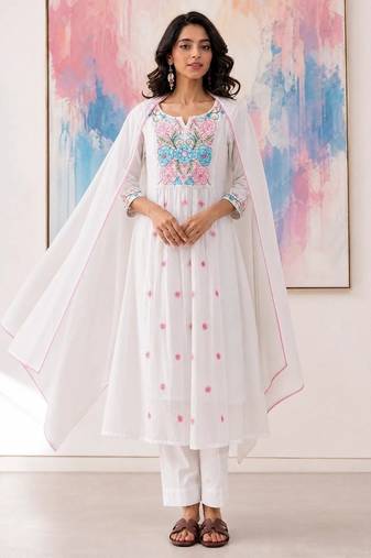  White Anarkali Suit with Floral Embroidery & Dupatta | Premium Ethnic Wear for Women