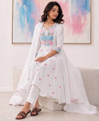  White Anarkali Suit with Floral Embroidery & Dupatta | Premium Ethnic Wear for Women 2