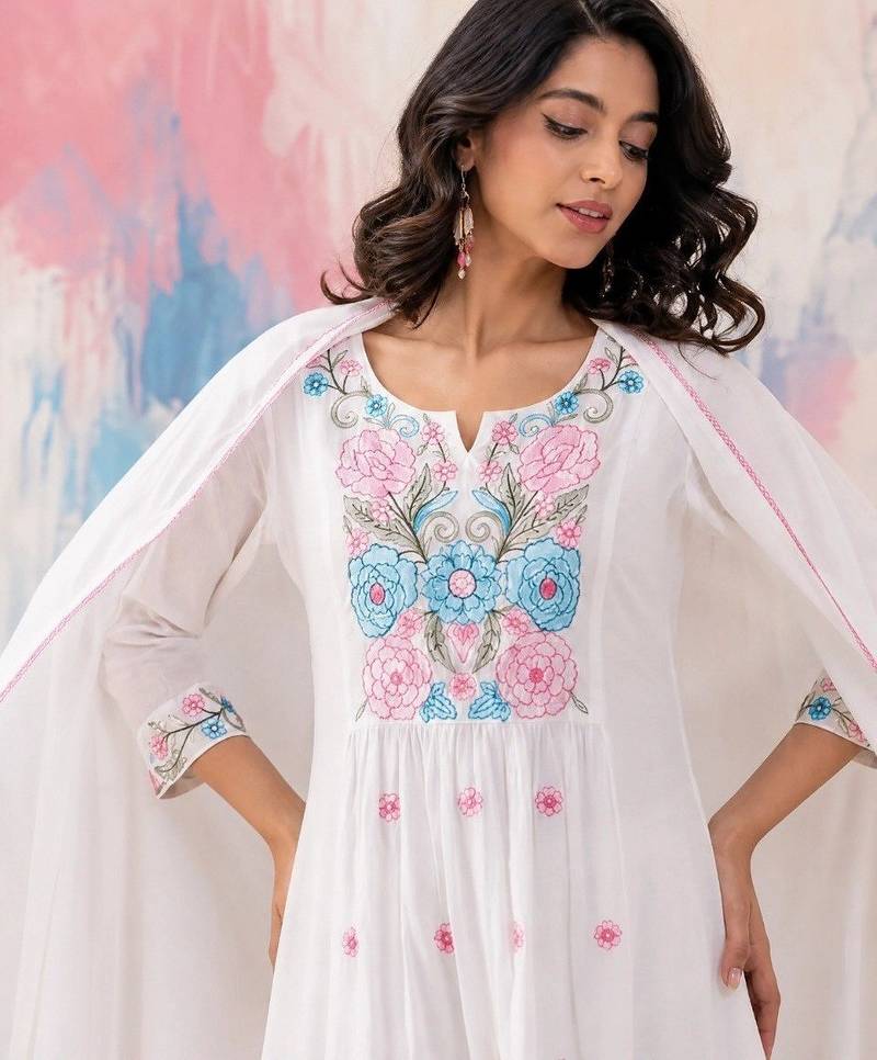  White Anarkali Suit with Floral Embroidery & Dupatta | Premium Ethnic Wear for Women