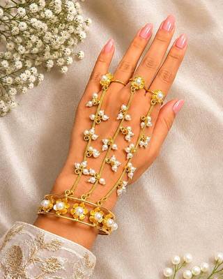 Gold plated Pearl Hathphool Hand Harness, Floral Bridal Hand Jewelry 1