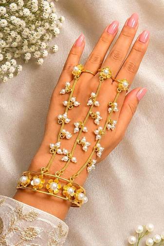 Gold plated Pearl Hathphool Hand Harness, Floral Bridal Hand Jewelry