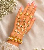 Gold plated Pearl Hathphool Hand Harness, Floral Bridal Hand Jewelry