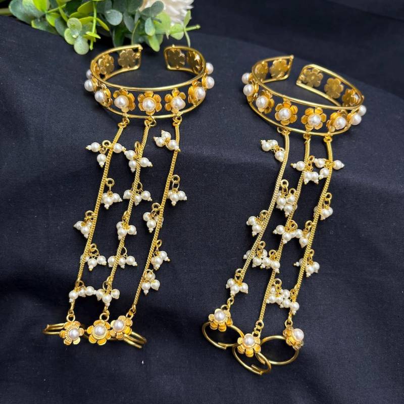 Gold plated Pearl Hathphool Hand Harness, Floral Bridal Hand Jewelry
