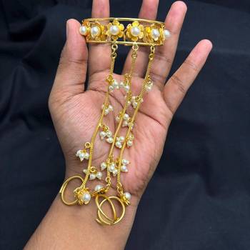 Gold plated Pearl Hathphool Hand Harness, Floral Bridal Hand Jewelry 3