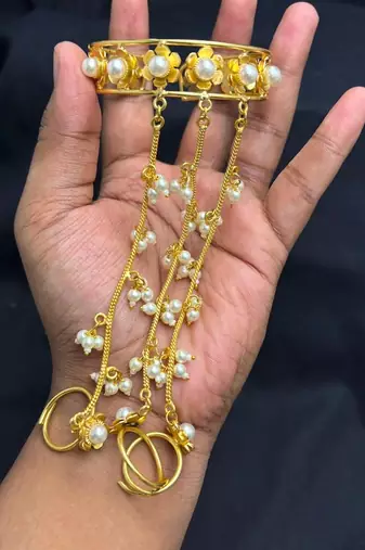 Gold plated Pearl Hathphool Hand Harness, Floral Bridal Hand Jewelry