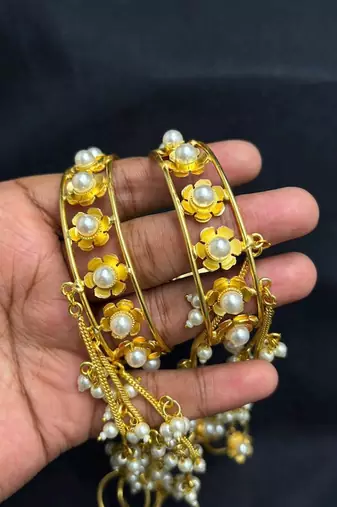 Gold plated Pearl Hathphool Hand Harness, Floral Bridal Hand Jewelry