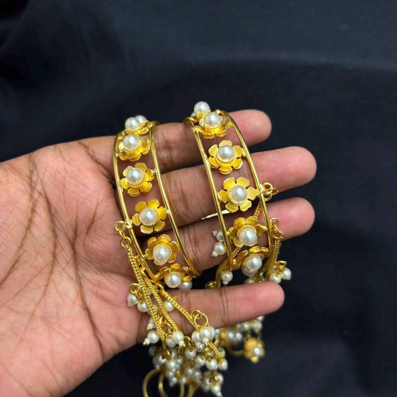 Gold plated Pearl Hathphool Hand Harness, Floral Bridal Hand Jewelry