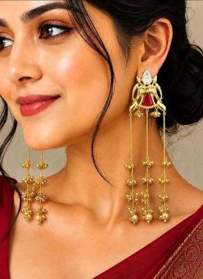 Limited Edition Long Gold Chandelier Earrings, Red Statement Drop Earrings 1
