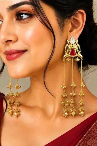 Limited Edition Long Gold Chandelier Earrings, Red Statement Drop Earrings
