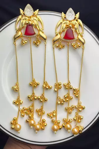 Limited Edition Long Gold Chandelier Earrings, Red Statement Drop Earrings