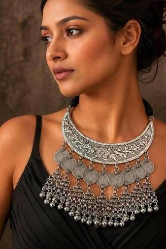 Oxidized Silver Bib Necklace, Indian Tribal Statement Necklace, Boho Ethnic Layered Jewelry