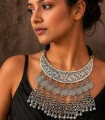 Oxidized Silver Bib Necklace, Indian Tribal Statement Necklace, Boho Ethnic Layered Jewelry