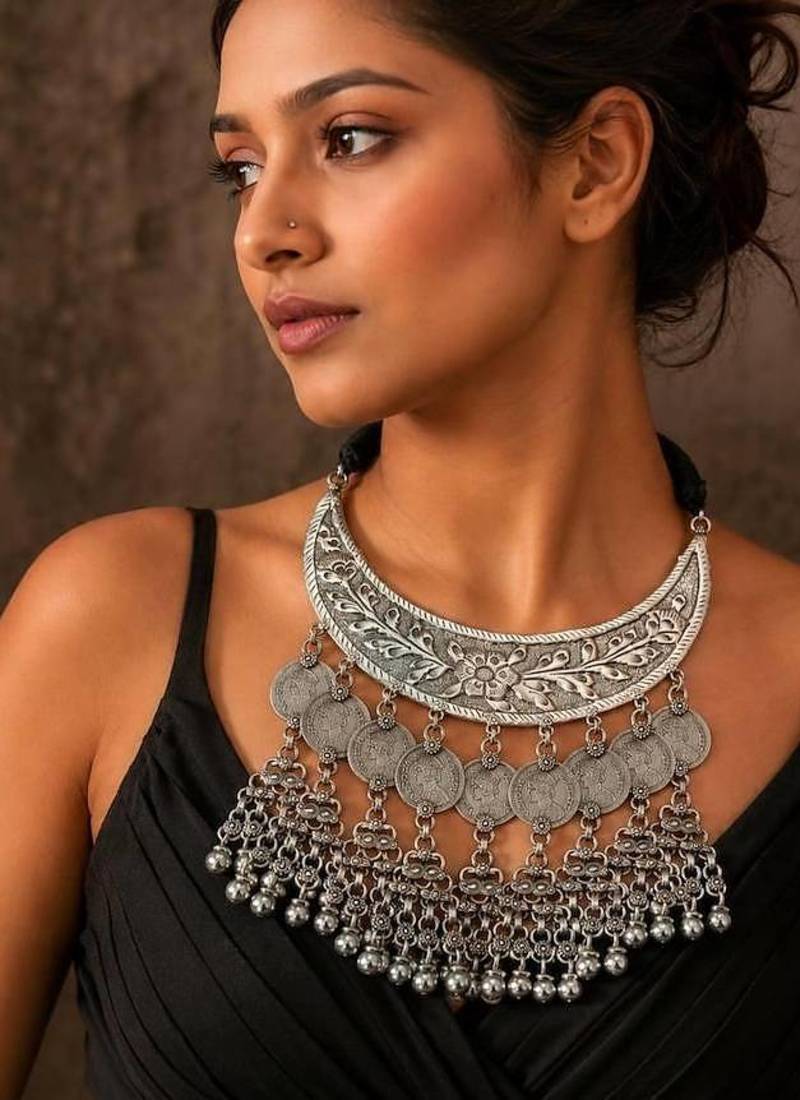Oxidized Silver Bib Necklace, Indian Tribal Statement Necklace, Boho Ethnic Layered Jewelry