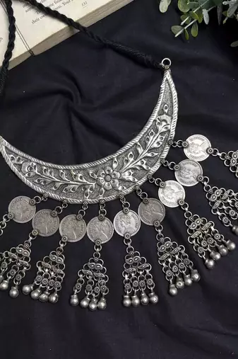 Oxidized Silver Bib Necklace, Indian Tribal Statement Necklace, Boho Ethnic Layered Jewelry
