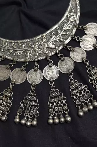 Oxidized Silver Bib Necklace, Indian Tribal Statement Necklace, Boho Ethnic Layered Jewelry