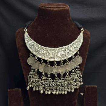 Oxidized Silver Bib Necklace, Indian Tribal Statement Necklace, Boho Ethnic Layered Jewelry 4