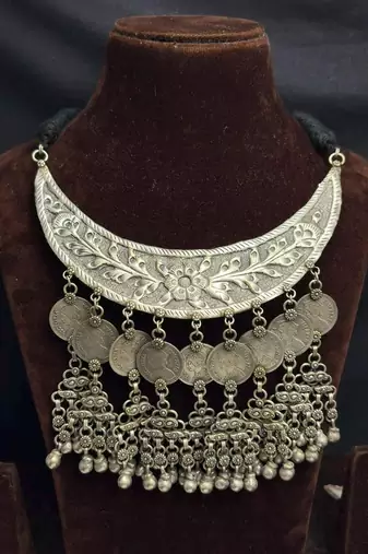 Oxidized Silver Bib Necklace, Indian Tribal Statement Necklace, Boho Ethnic Layered Jewelry