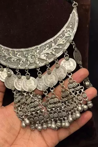 Oxidized Silver Bib Necklace, Indian Tribal Statement Necklace, Boho Ethnic Layered Jewelry