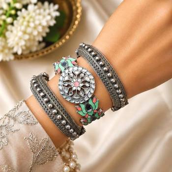 Oxidised Kada Set of 3 Meenakari Brass Bracelet Set, Indian Vintage Boho Bangles 1
