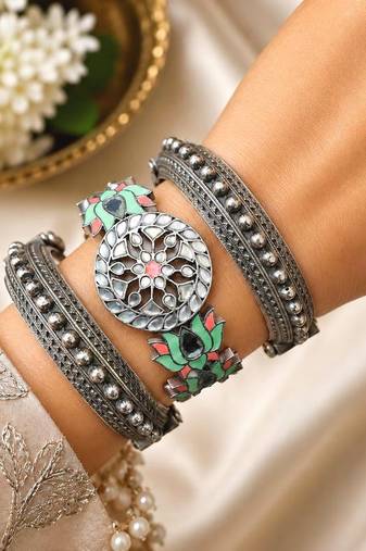 Oxidised Kada Set of 3 Meenakari Brass Bracelet Set, Indian Vintage Boho Bangles