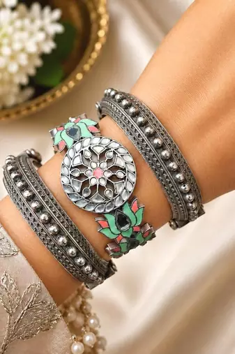 Oxidised Kada Set of 3 Meenakari Brass Bracelet Set, Indian Vintage Boho Bangles
