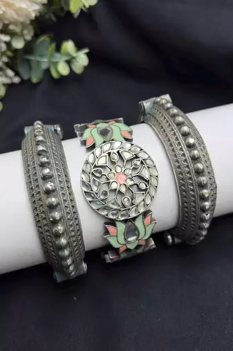 Oxidised Kada Set of 3 Meenakari Brass Bracelet Set, Indian Vintage Boho Bangles