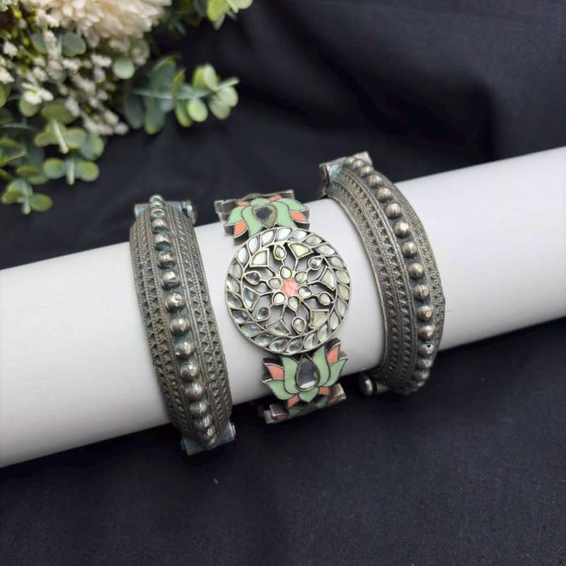 Oxidised Kada Set of 3 Meenakari Brass Bracelet Set, Indian Vintage Boho Bangles