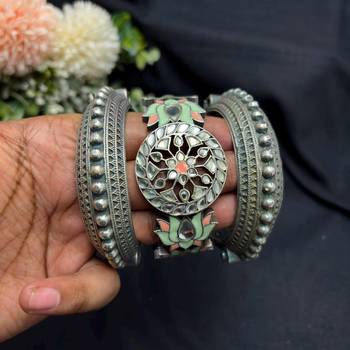 Oxidised Kada Set of 3 Meenakari Brass Bracelet Set, Indian Vintage Boho Bangles 3