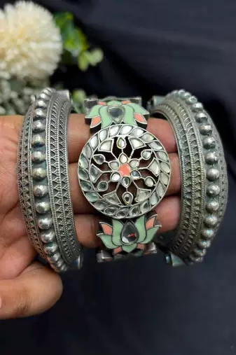 Oxidised Kada Set of 3 Meenakari Brass Bracelet Set, Indian Vintage Boho Bangles