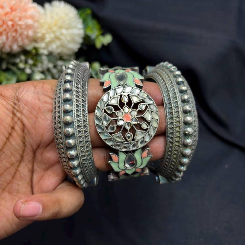 Oxidised Kada Set of 3 Meenakari Brass Bracelet Set, Indian Vintage Boho Bangles