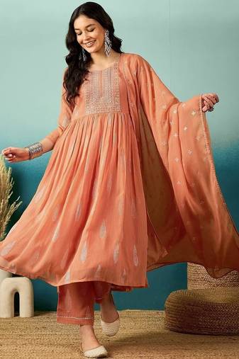  Peach Anarkali Suit with Embroidered Yoke & Dupatta | Premium Party Wear for Women