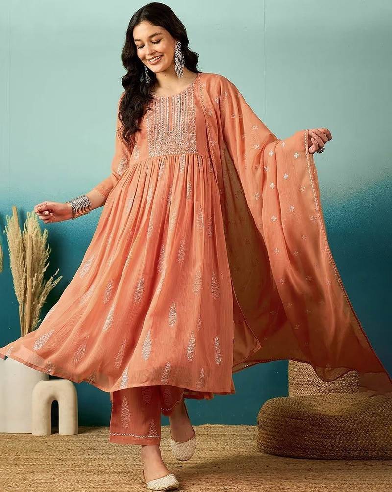  Peach Anarkali Suit with Embroidered Yoke & Dupatta | Premium Party Wear for Women